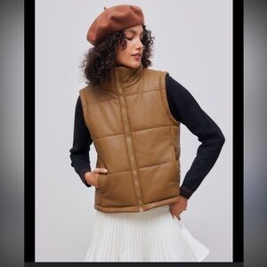 Entro Faux Leather Puffer Vest - Brown